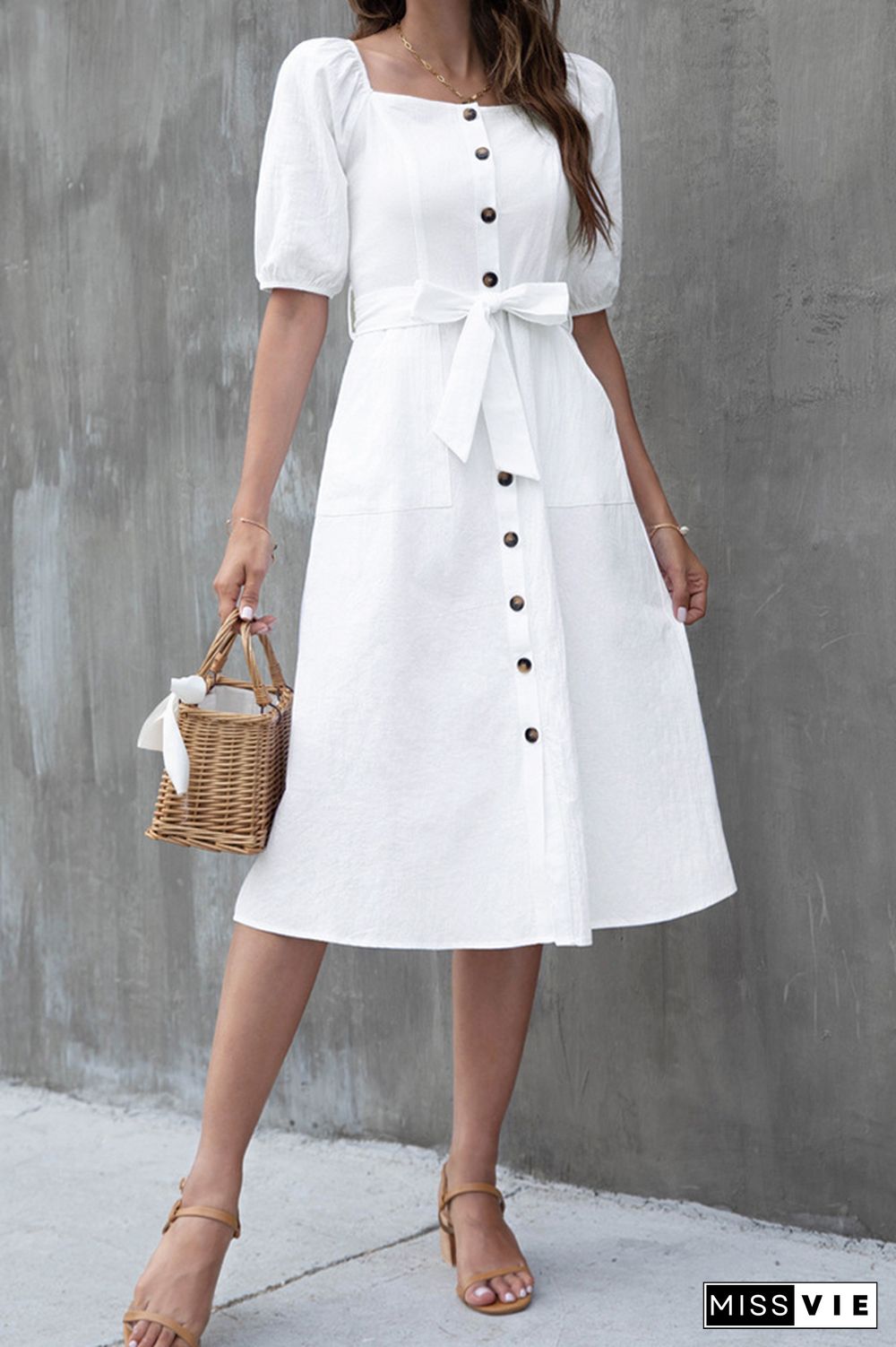 Lantern Sleeve High Waist Buttoned Midi Dress Wholesale