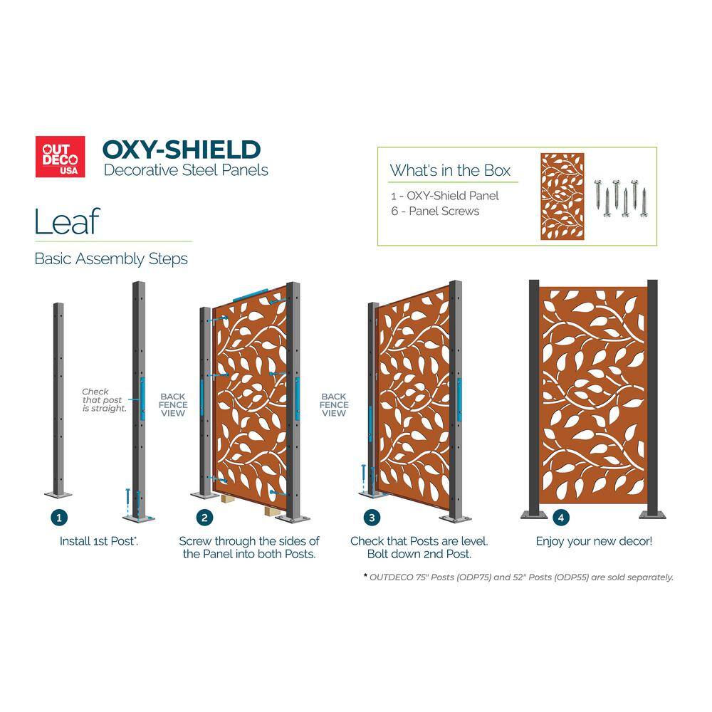 OUTDECO Leaf 3 ft. x 6 ft. Oxy-Shield Corten Steel Decorative Screen Panel in Rust with 6-Screws OXY002