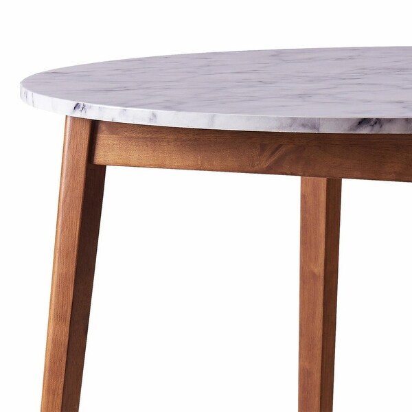 Wooden Round Dining Table with Faux Marble Top， White/Walnut