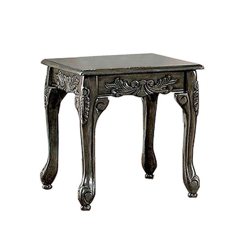 3 Piece Table Set with Cabriole Legs and Wooden Floral Motifs， Gray