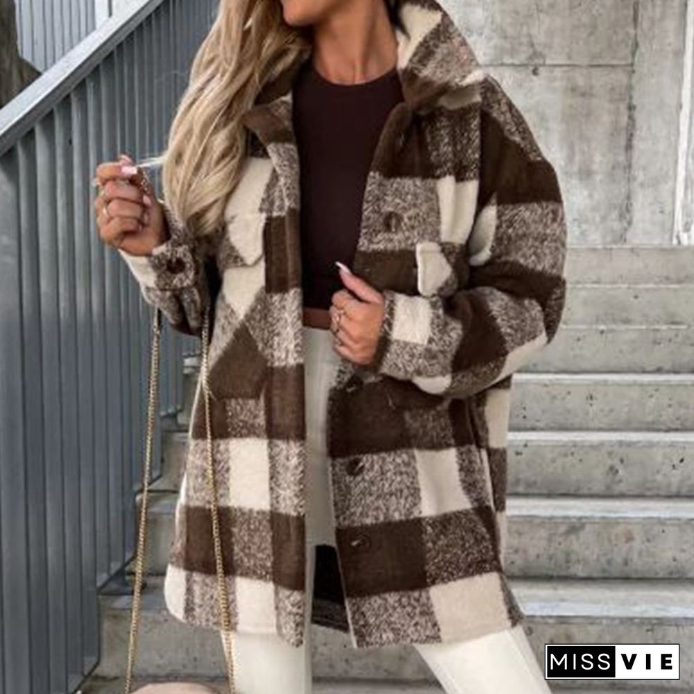 Women Elegant Plaid Print Fleece Straight Jackets Fashion Lapel Collar Button Loose Coats Casual Long Sleeve Straight Outerwear