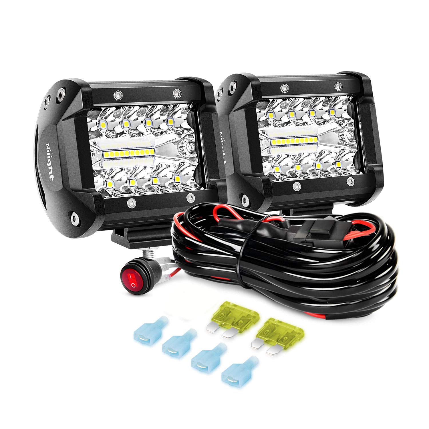 Nilight LED Light Bar 2PCS 60W 4 Inch Flood Spot Combo LED Work Light Pods Triple Row Work Driving Lamp with 12 ft Wiring Harness kit for Trucks Boat Jeep UTV ATV Motorcycle Lighting，2 Year Warranty