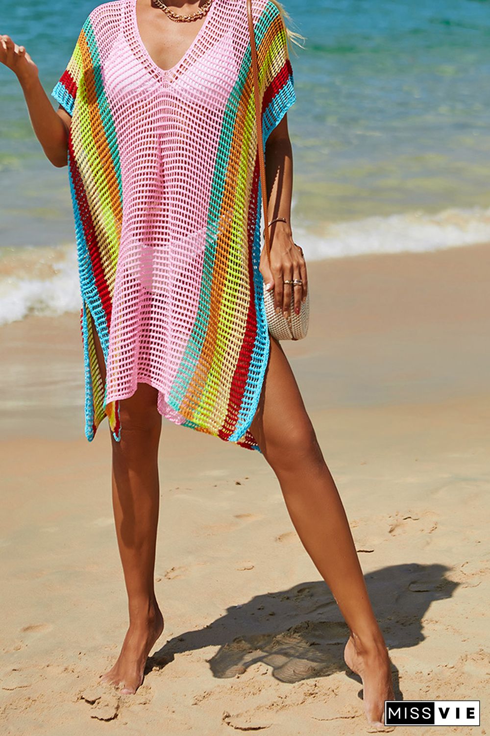 Rainbow Colorblock Splicing Beach Cover Up