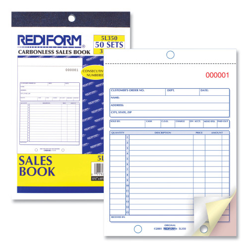 Rediform Sales Book， Three-Part Carbonless， 5.5 x 7.88， 1/Page， 50 Sets/Book (5L350)