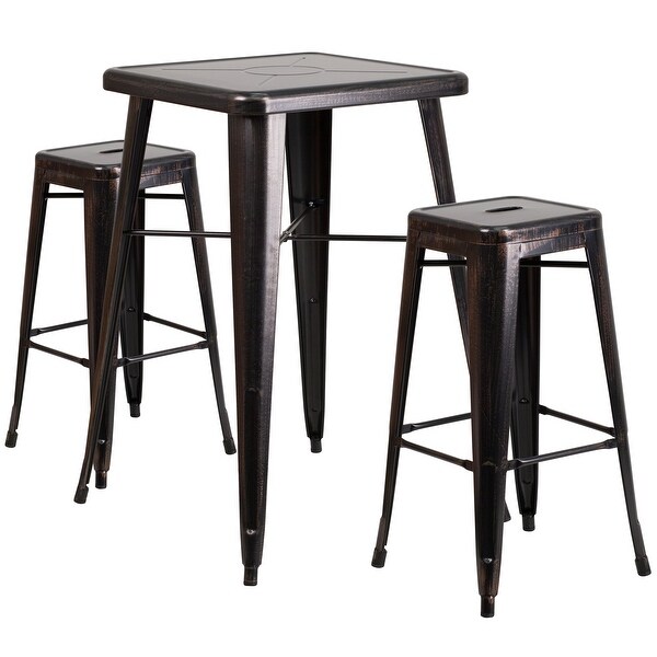 23.75'' Square Metal IndoorOutdoor Bar Table Set with 2 Square Seat Stools