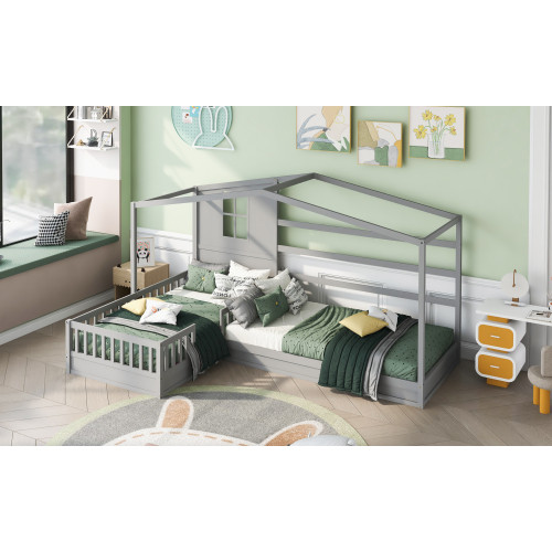 Wood House Bed Twin Size  2 Twin Solid Bed L Struc...