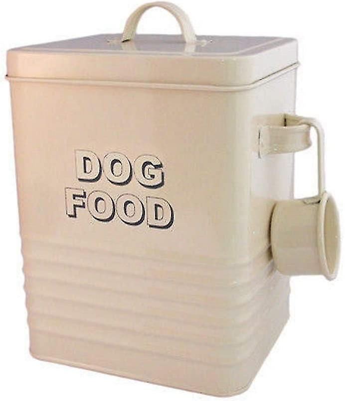 Cream Dog Food Storage Tin With Scoop， Steel(1pc-cream Colour)