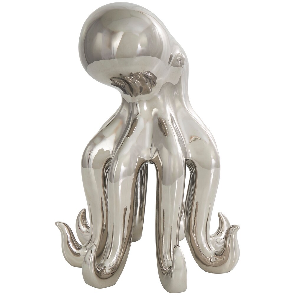 Silver Ceramic Tall Standing Octopus Sculpture