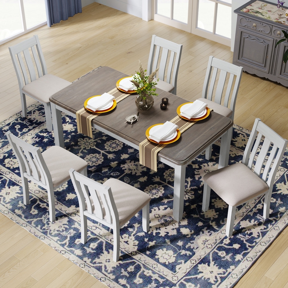 Retro Style 7 Piece Extendable Dining Table Set with Upholstered Chairs