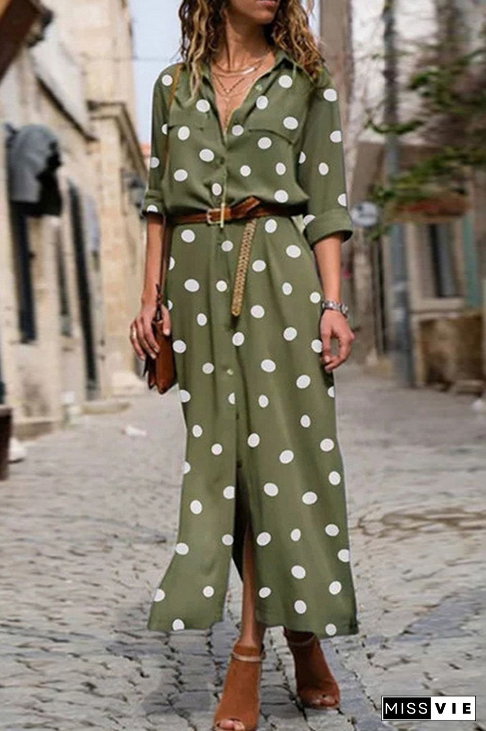 Casual Polka Dot Buckle Slit Turndown Collar Shirt Dress Dresses  (Without Belt)