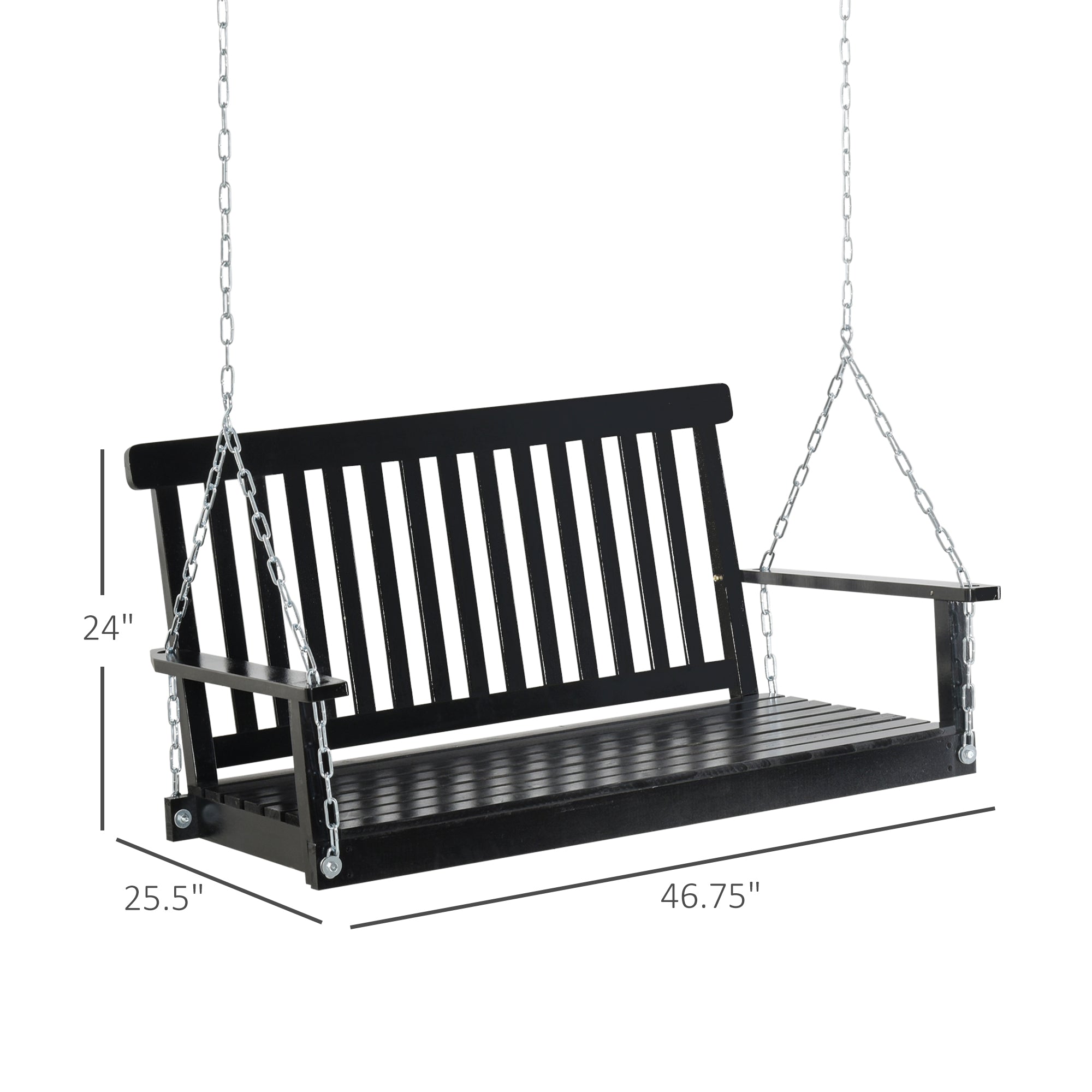 moonbody 2 Seater Outdoor Porch Swing Chair Seat with Slat Design, Hanging Chains Wooden Hammock Bench for Garden Patio Yard, Black