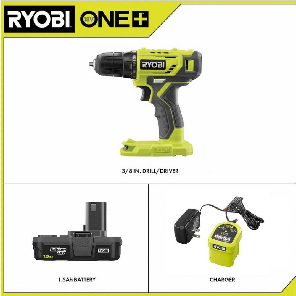 RYOBI ONE+ 18V Cordless 38 in. DrillDriver Kit with 1.5 Ah Battery Charger and Drill and Drive Kit (65-Piece) PDD209K-A986501