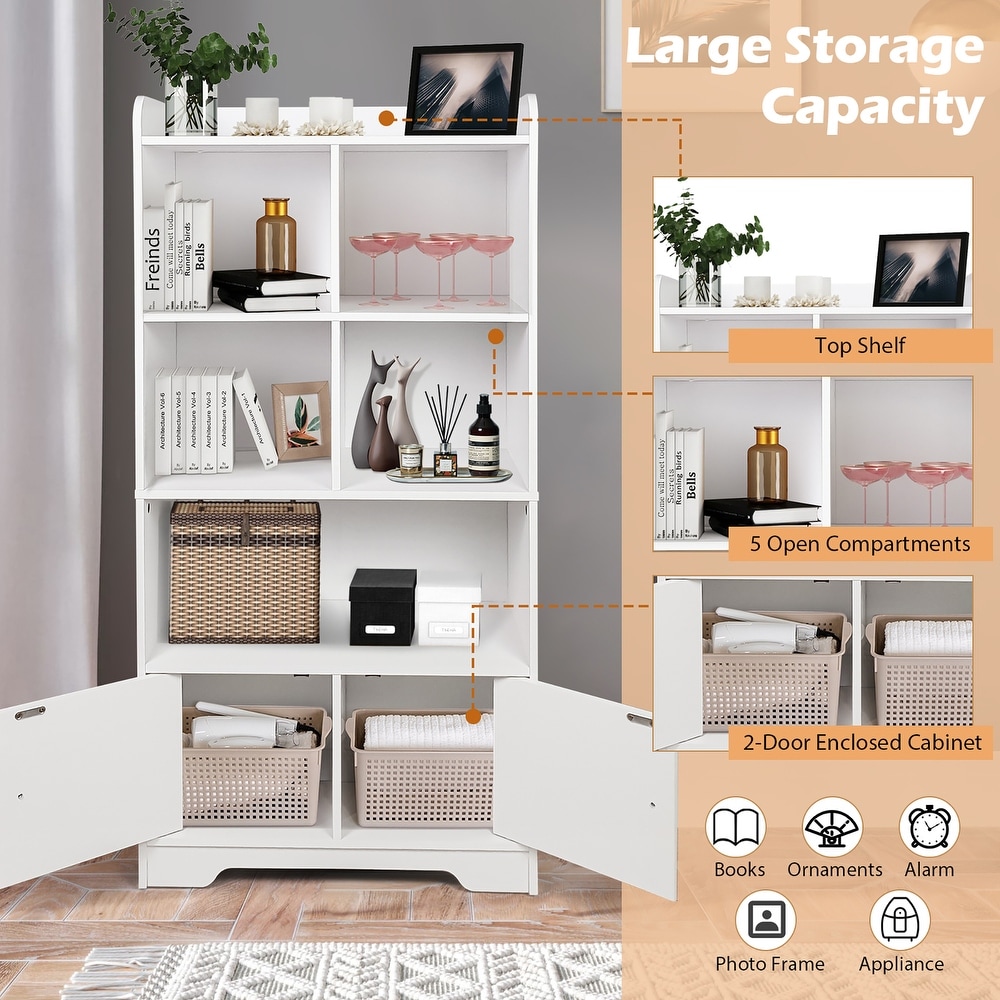 Costway 4 Tier Bookshelf 2 Door Storage Cabinet w/4 Cubes Display   See Details