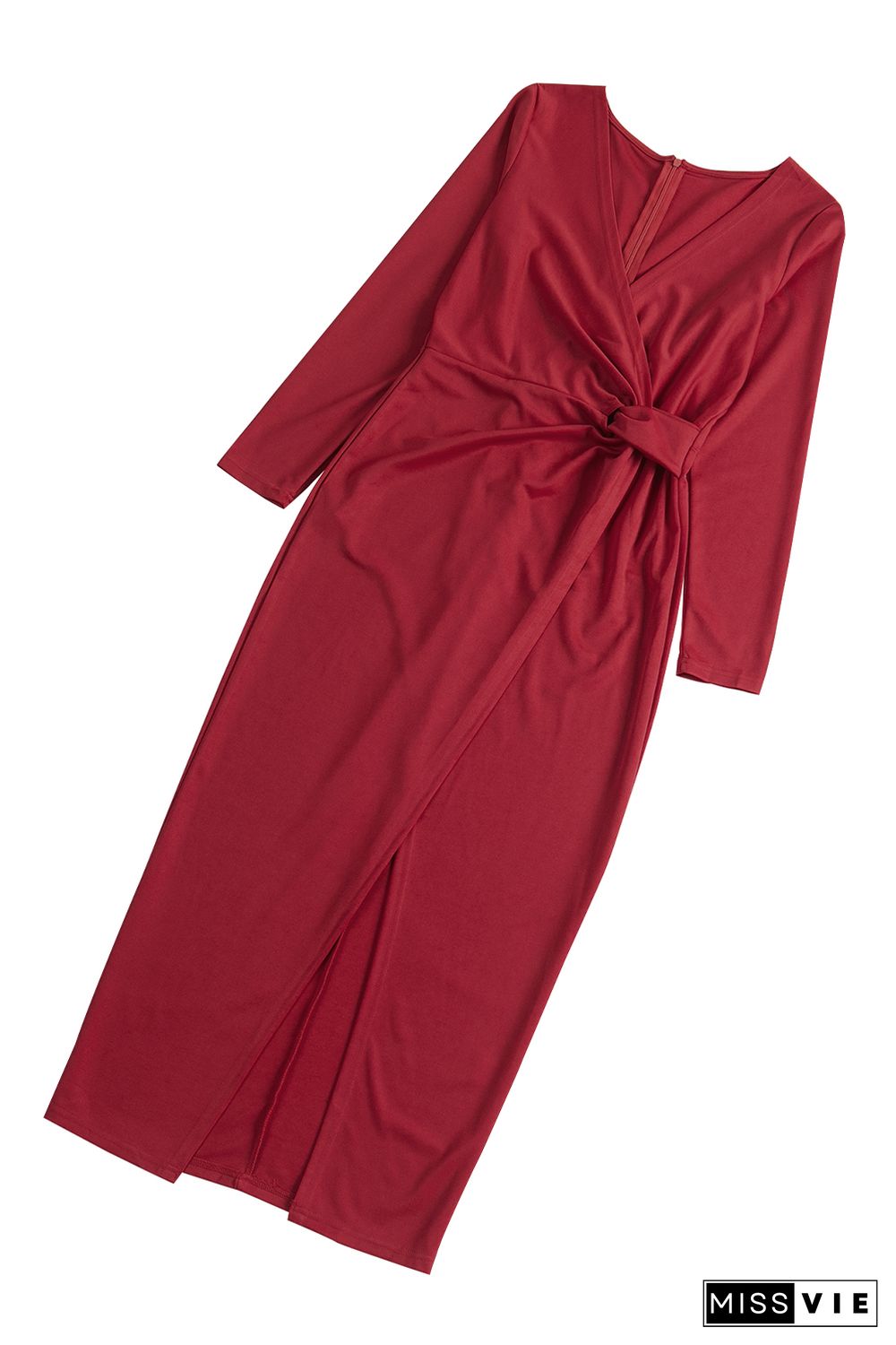 Wine Red Long Sleeve V Neck Twist Front Slit Long Dress