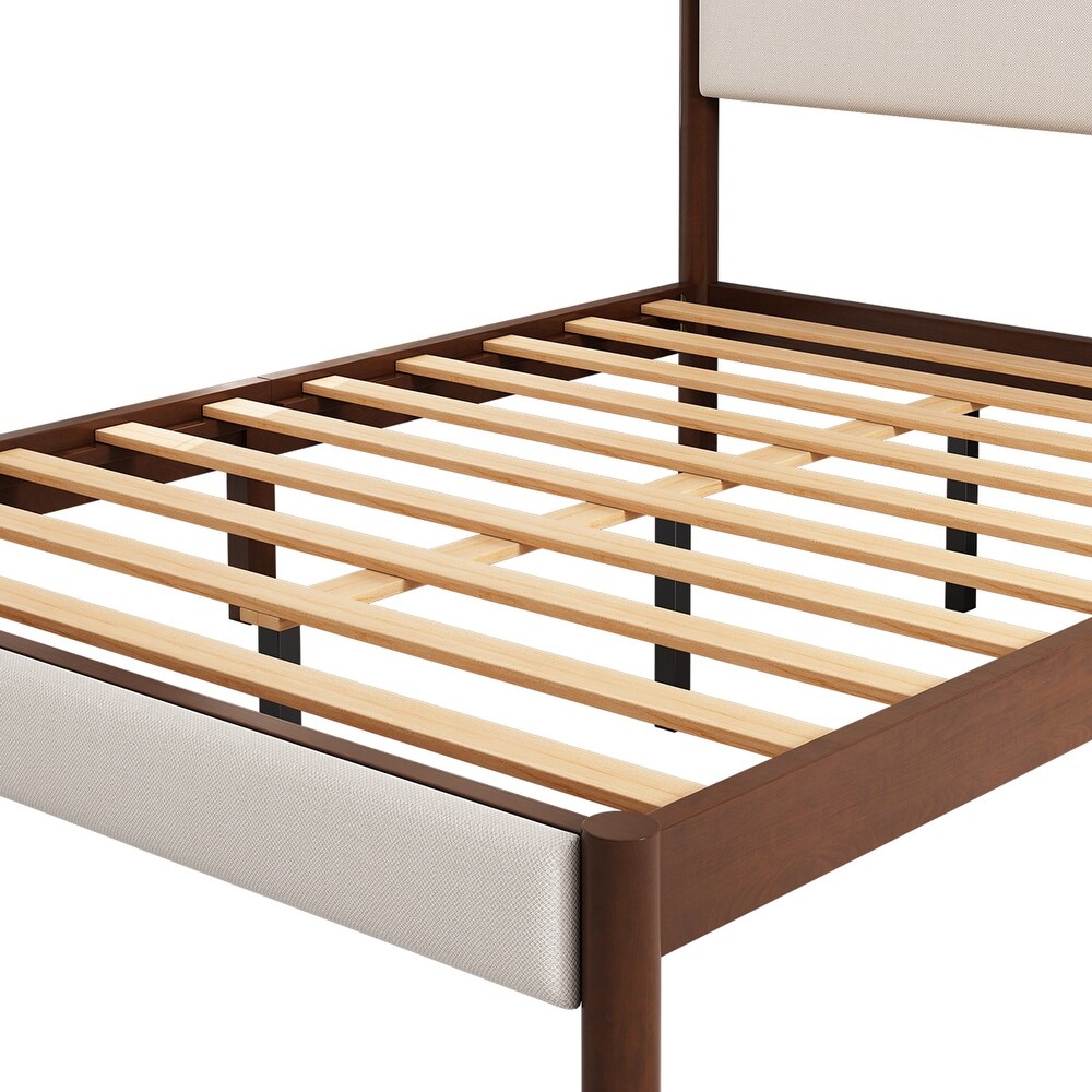 Queen Size Mid Century Modern Upholestery Platform Bed Frame with Upholstered Headboard  No Box Spring Needed  Walnut