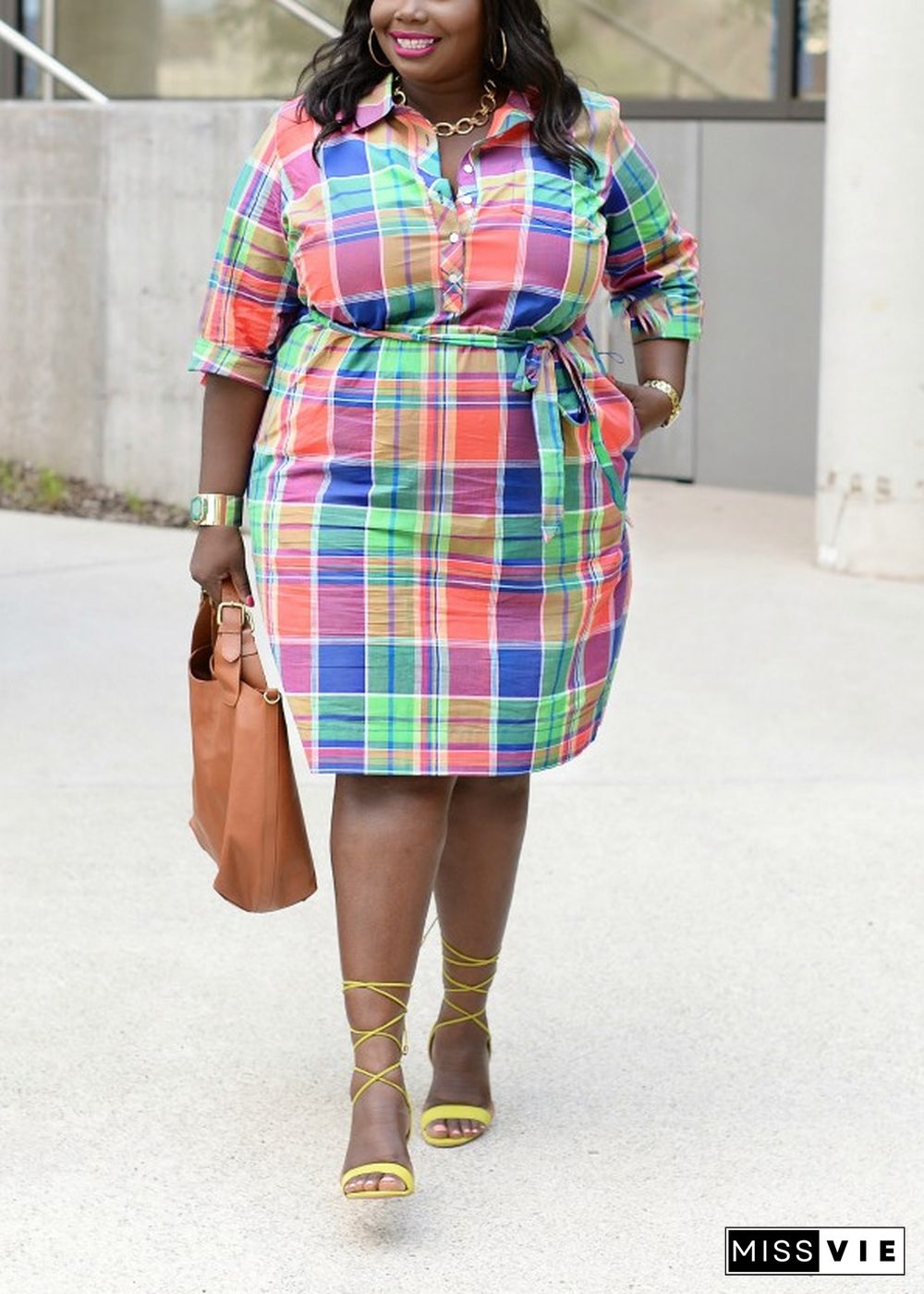 Plaid Print Turn Down Collar Plus Size Shirt Dresses