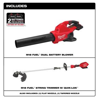 MW M18 FUEL Dual Battery 145 MPH 600 CFM 18V Lithium-Ion Brushless Cordless Handheld Blower with M18 FUEL String Trimmer 2824-20-2825-20ST