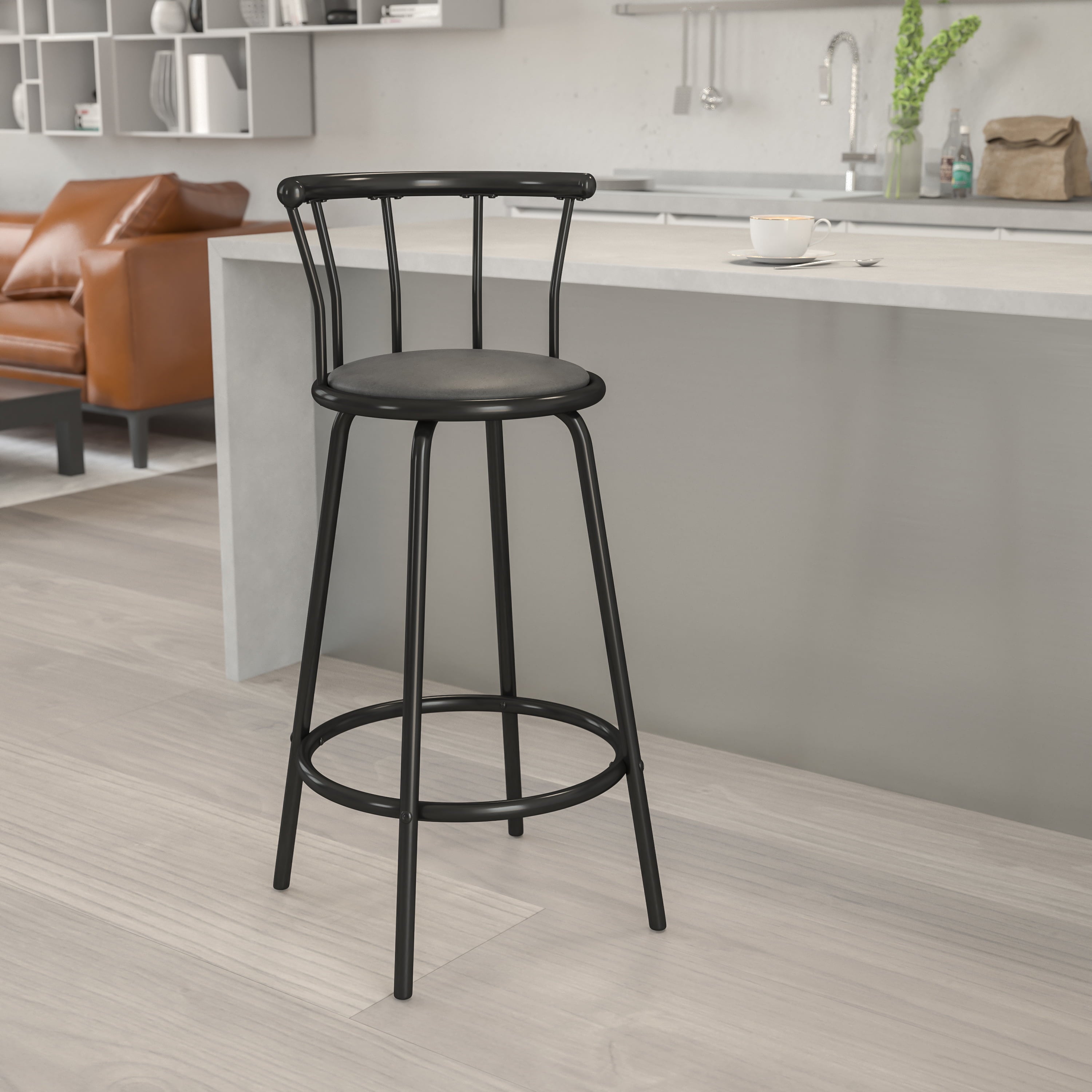 Flash Furniture Charla Crown Back Black Metal Barstool with Black Vinyl Swivel Seat