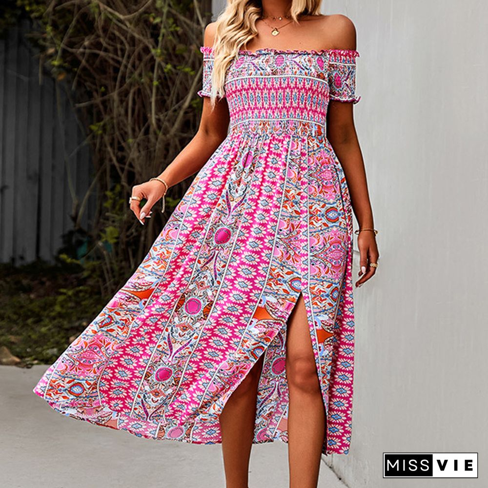 Elegant Floral Print Hem Split Dresses Women Summer Dress New Boho Holiday Slash Neck Short Sleeve Swing Midi Dress