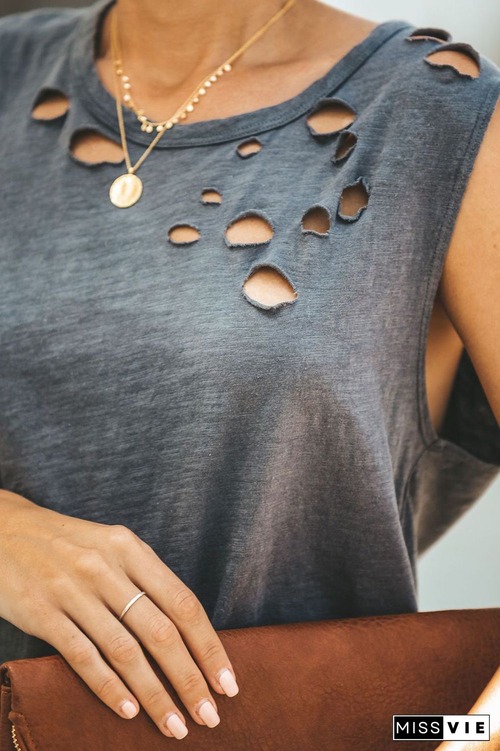 Gray Broken Hole Detail Sleeveless Crew Neck Tank Top