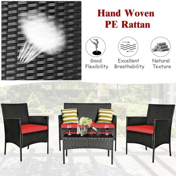 4 Pcs Patio Rattan Cushioned Sofa Furniture Set with Tempered Glass Coffee Table - 24