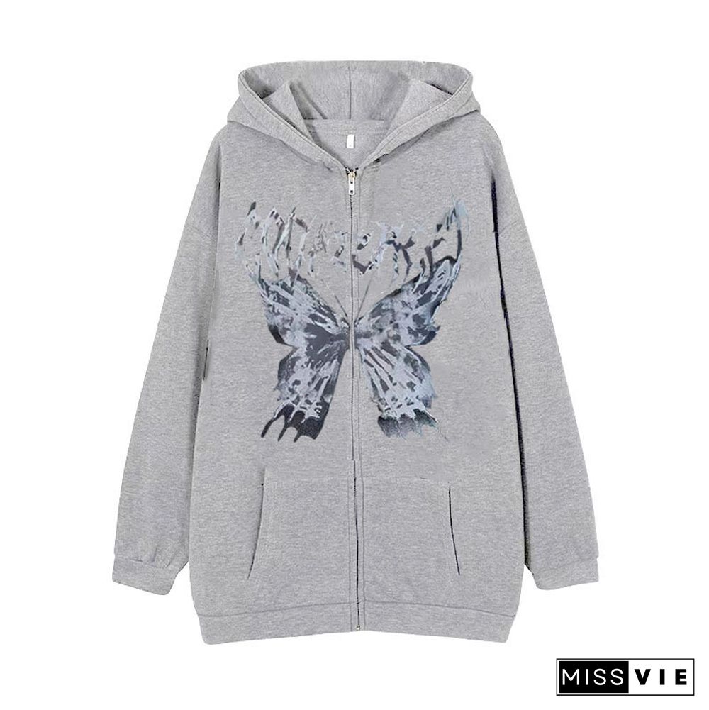 Darkness Butterfly Print Pocket Hooded Sweatshirt