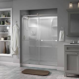 Delta Lyndall 60 x 71 in. Frameless Contemporary Sliding Shower Door in Nickel with Frosted Glass 810678