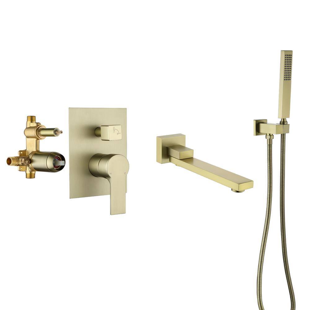 Miscool Forest Single-Handle Wall Mount Roman Tub Faucet with Swivel Tub Spout and Hand Shower in Brushed Gold SHSMDH10C030BGL