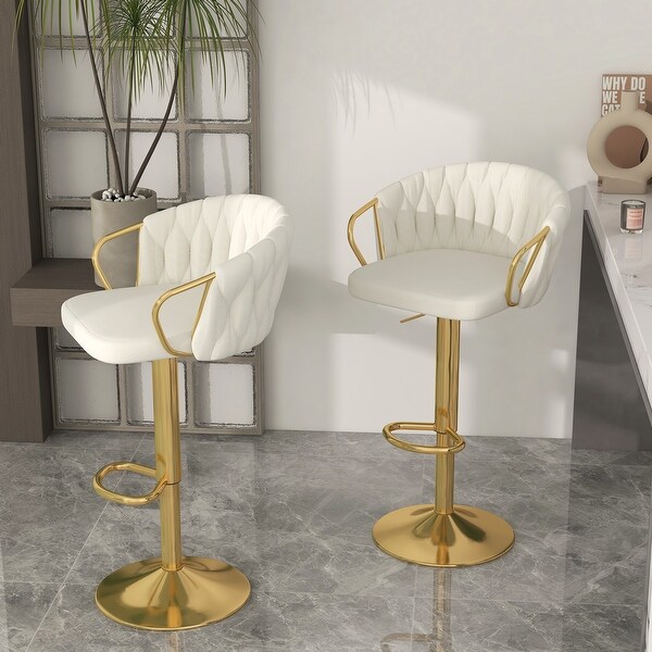 Set of 2 Bar Stool Adjustable Height Swivel Velvet Woven