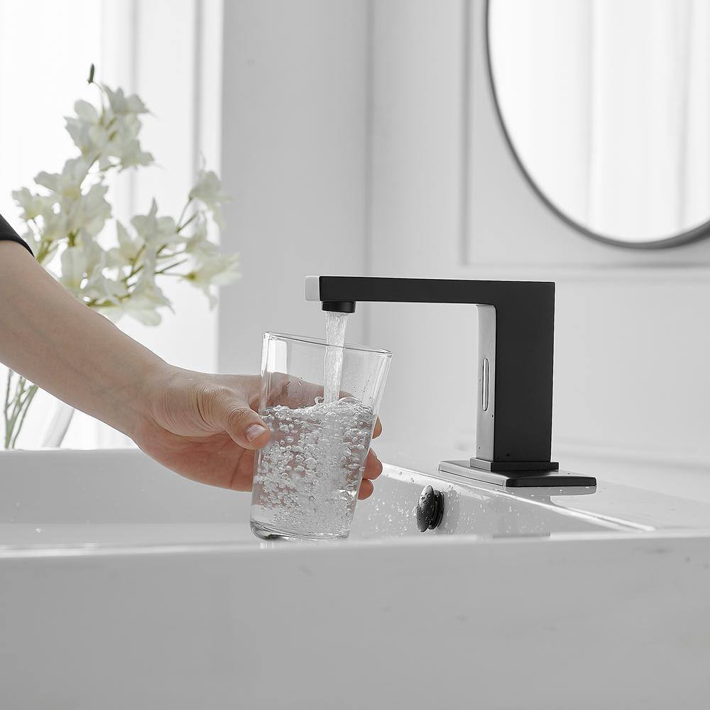 BWE DC Powered Commercial Touchless Single Hole Bathroom Faucet With Deck Plate And Pop Up Drain In Matte Black A-918108-B-2