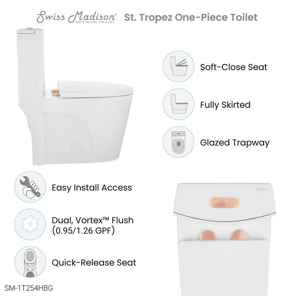 Swiss Madison St. Tropez 1-piece 1.11.6 GPF Dual Flush Elongated Toilet in Glossy White with Rose Gold Hardware Seat Included SM-1T254HBG