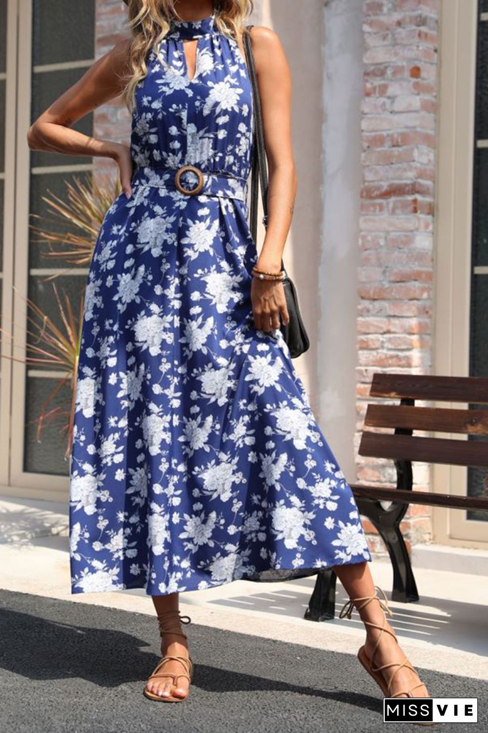 Floral Print Halter Sleeveless Dress Wholesale