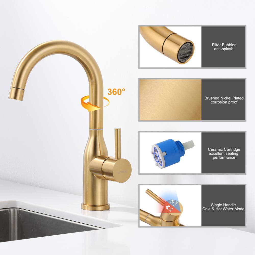 WOWOW Single Handle Gooseneck Bar Faucet with 360 Swivel in Brushed Gold 2320201G-BHHD