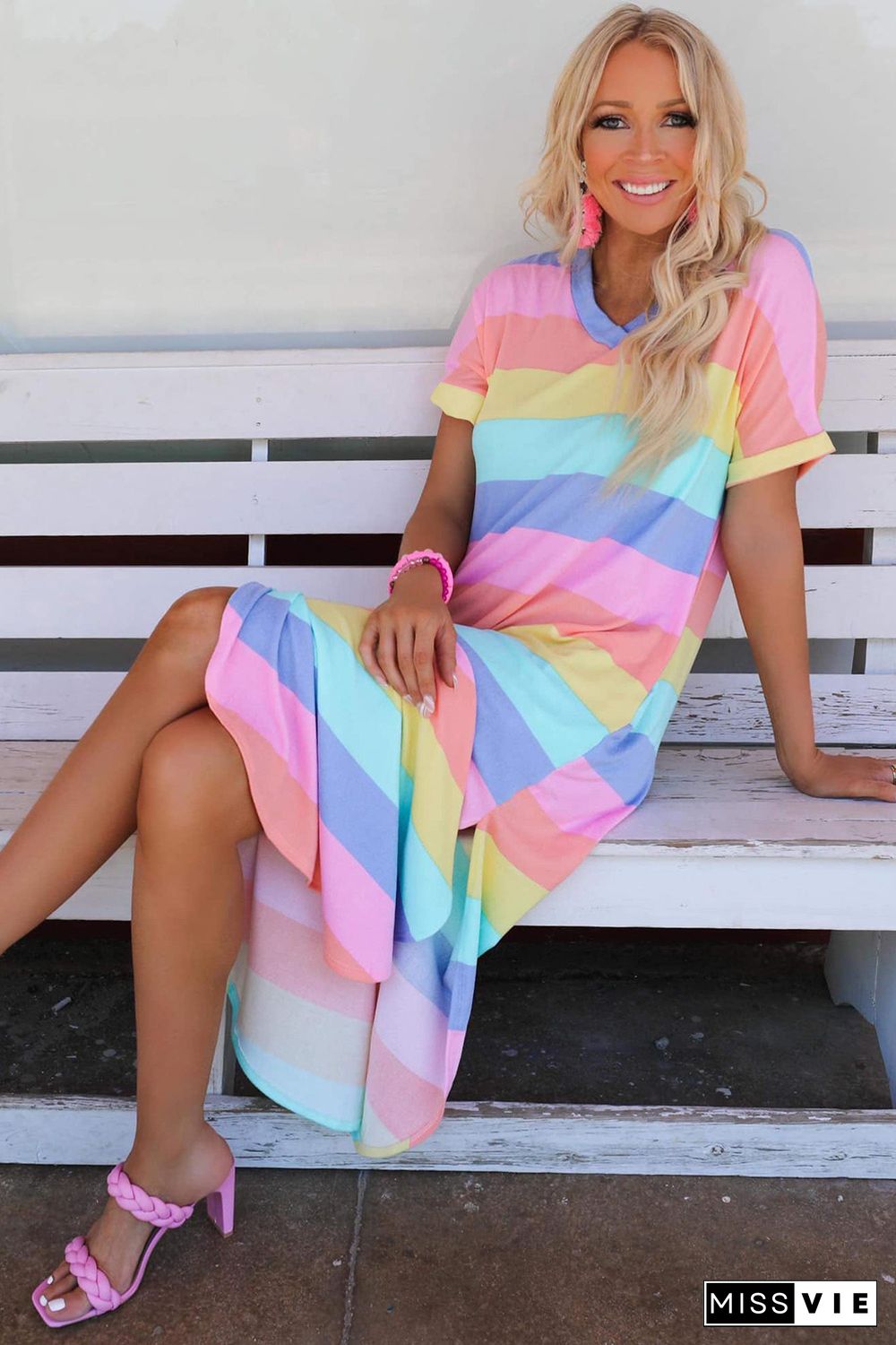 Multicolor Striped Side Split Pockets V Neck T Shirt Midi Dress