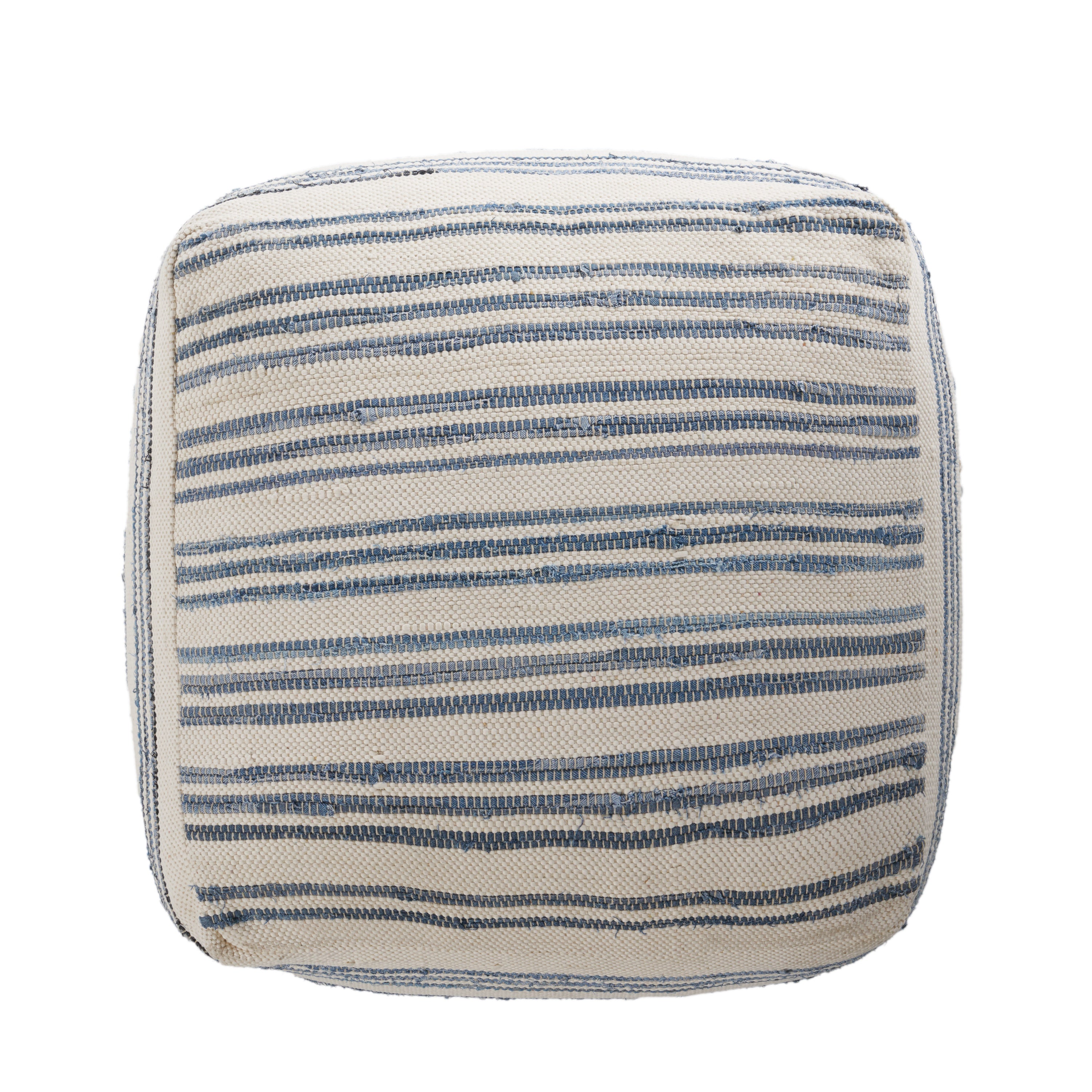 Althea Large Square Casual Pouf, Boho, Blue and White Recycled Denim and Chindi