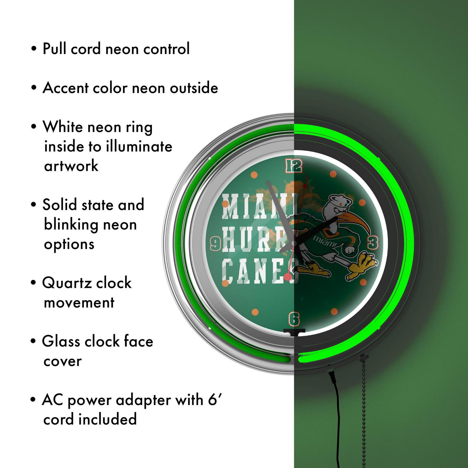 University of Miami Chrome Double Rung Neon Clock  Smoke