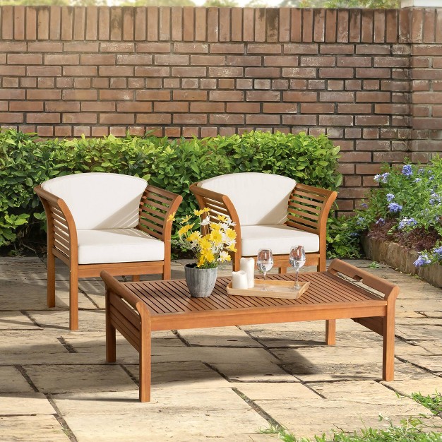 Stamford 3pc Eucalyptus Wood Outdoor Conversation Set With Chairs amp Table Natural Alaterre Furniture