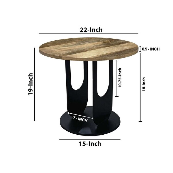 22 Inch Side End Table，Round Natural Mango Wood Top，Black Iron U Shaped Legs