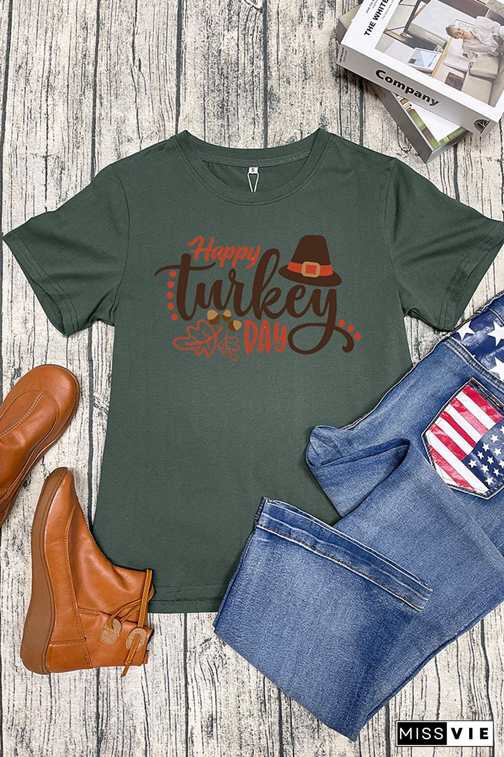 Happy Turkey Day Printed Graphic Tees for Women Wholesale Short Sleeve T shirts Top