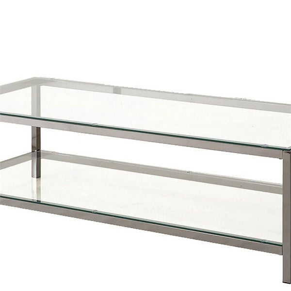 Glass Top Coffee Table with Metal Frame and Open Shelf， Silver - as picture