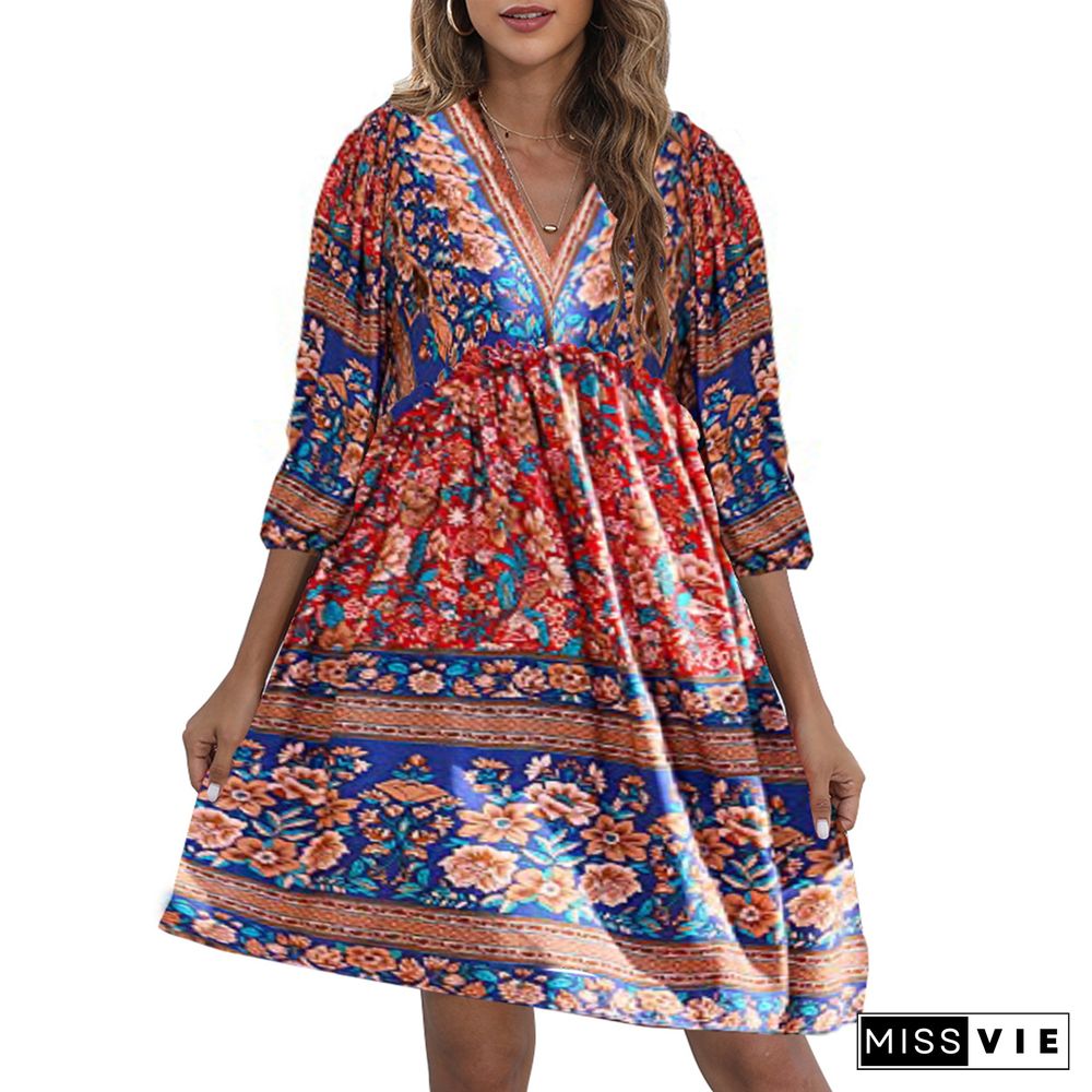 Bohemian Print V-neck Bubble Sleeve Big Swing National Style Dress Women's Wear