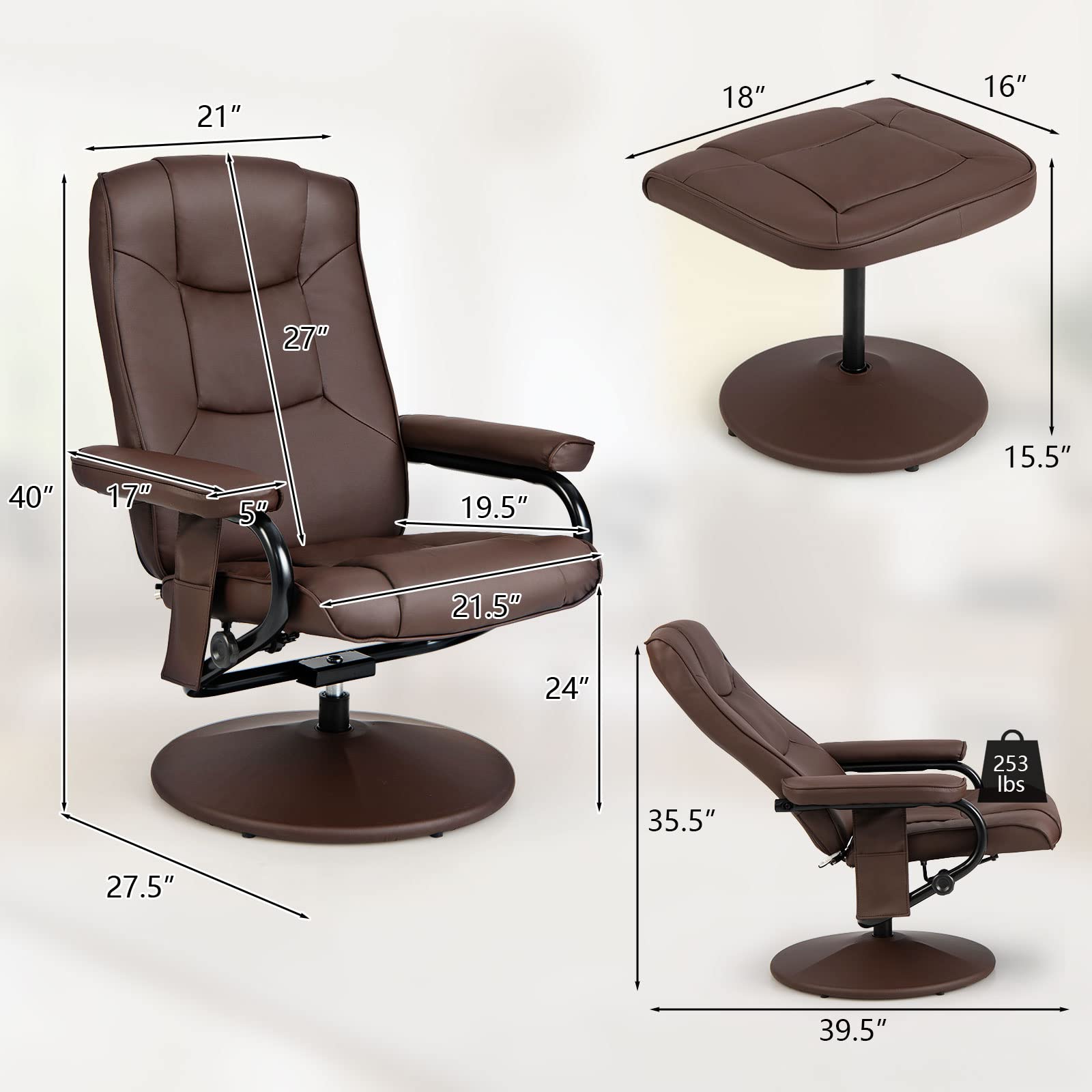 Giantex Recliner Chair with Ottoman, 360° Swivel Lounge Chair with Vibration Massage, Remote Control