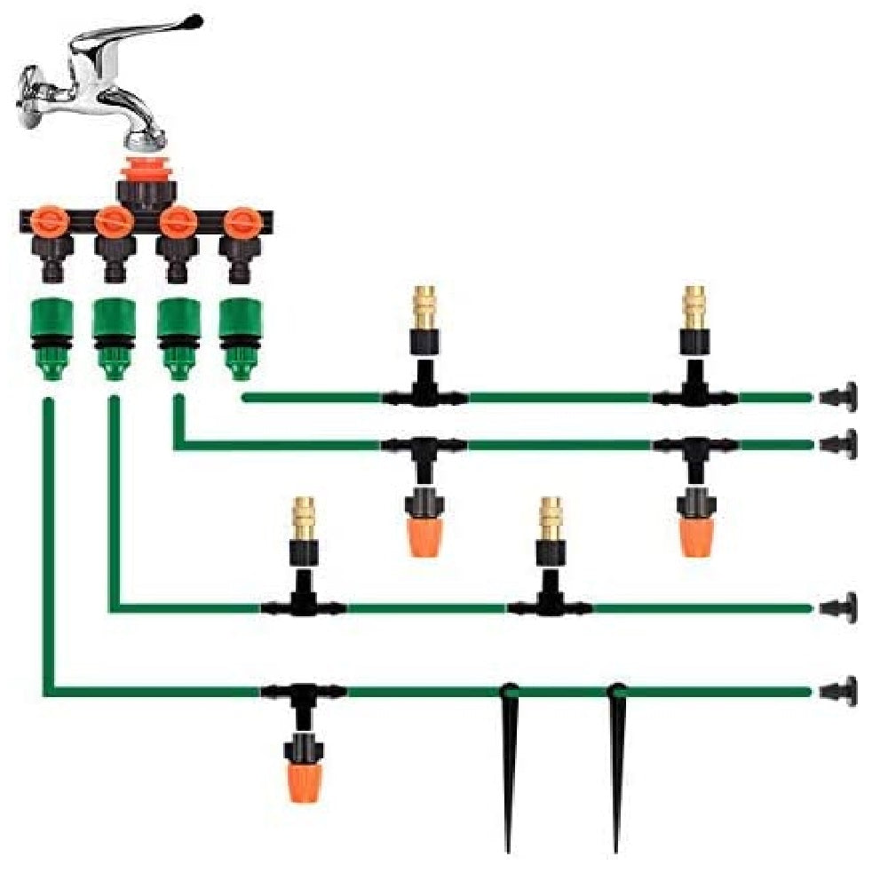 Flantor Drip Irrigation Kits - 131ft Irrigation Set DIY Micro Automatic Watering System with 4 Way Water Splitter， 1/4 inches Distribution Tubing Hose for Garden Greenhouse Flower Bed Patio Lawn