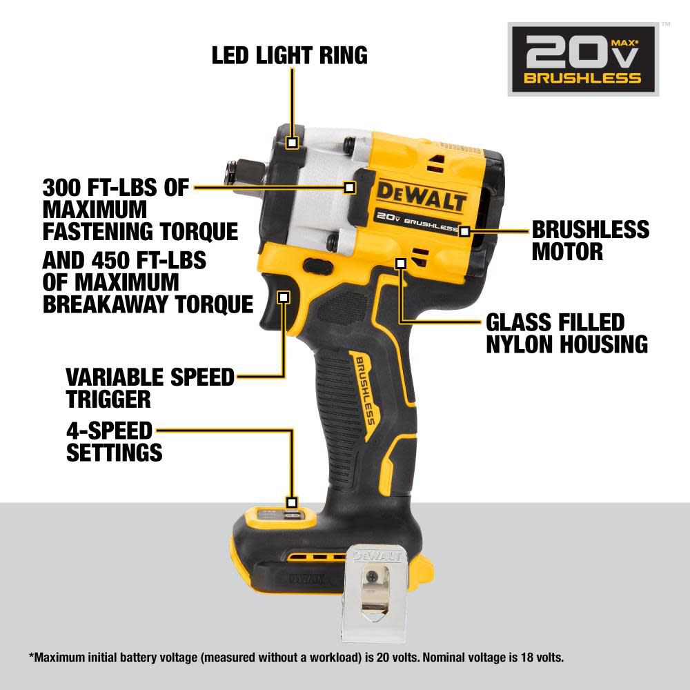 DEWALT ATOMIC 20V MAX 1/2" Impact Wrench Hog Ring Anvil Bare Tool DCF921B from DEWALT