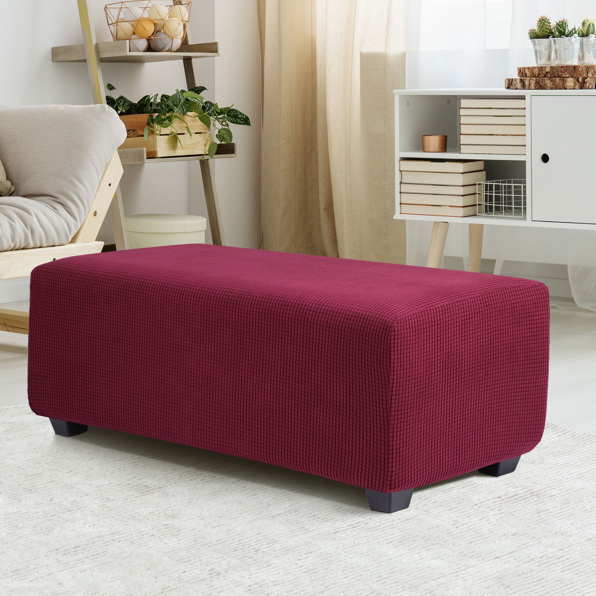 PiccoCasa Stretch Ottoman Slipcover Jacquard Rectangle Footstool Cover Burgundy Small