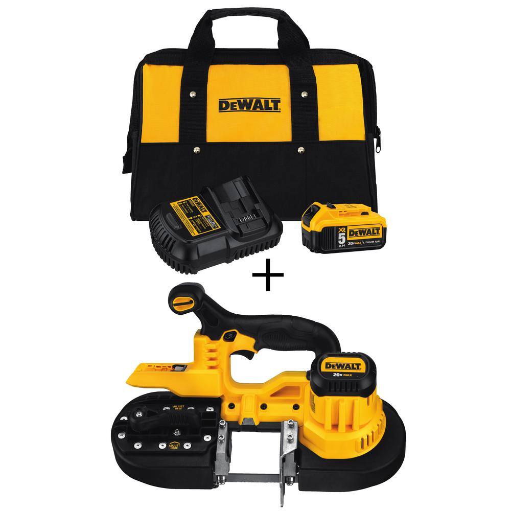 DW 20V MAX Cordless Band Saw (1) 20V MAX XR Premium Lithium-Ion 5.0Ah Battery Charger and Kit Bag DCB205CKW371B