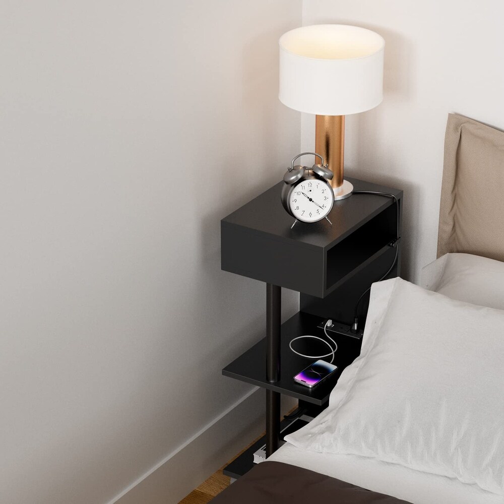 End Table with Charging Station  4 Tier Narrow Side Table with USB Ports and Outlets  Rolling Slim Bedside Table forSmall Spaces