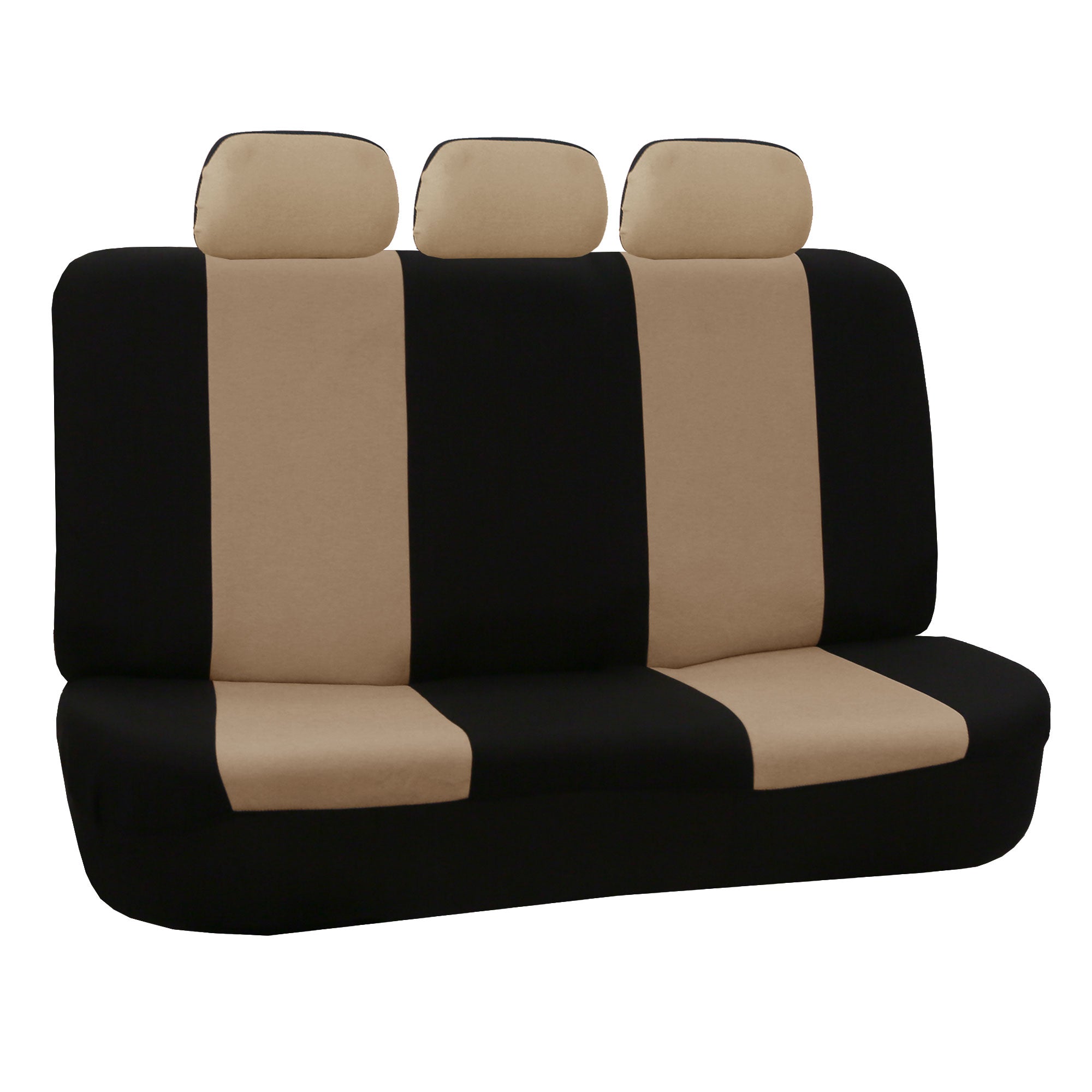 FH Group Universal Flat Cloth Fabric Car Seat Cover， 5 Headrests Full Set， Beige and Black