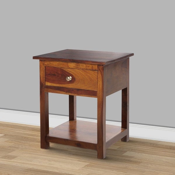 22.5 Inch Acacia Wood Rectangular End Side Table， 1 Drawer， Open Shelf， Walnut Brown - 18 L x 15.3 W x 22.5 H Inches