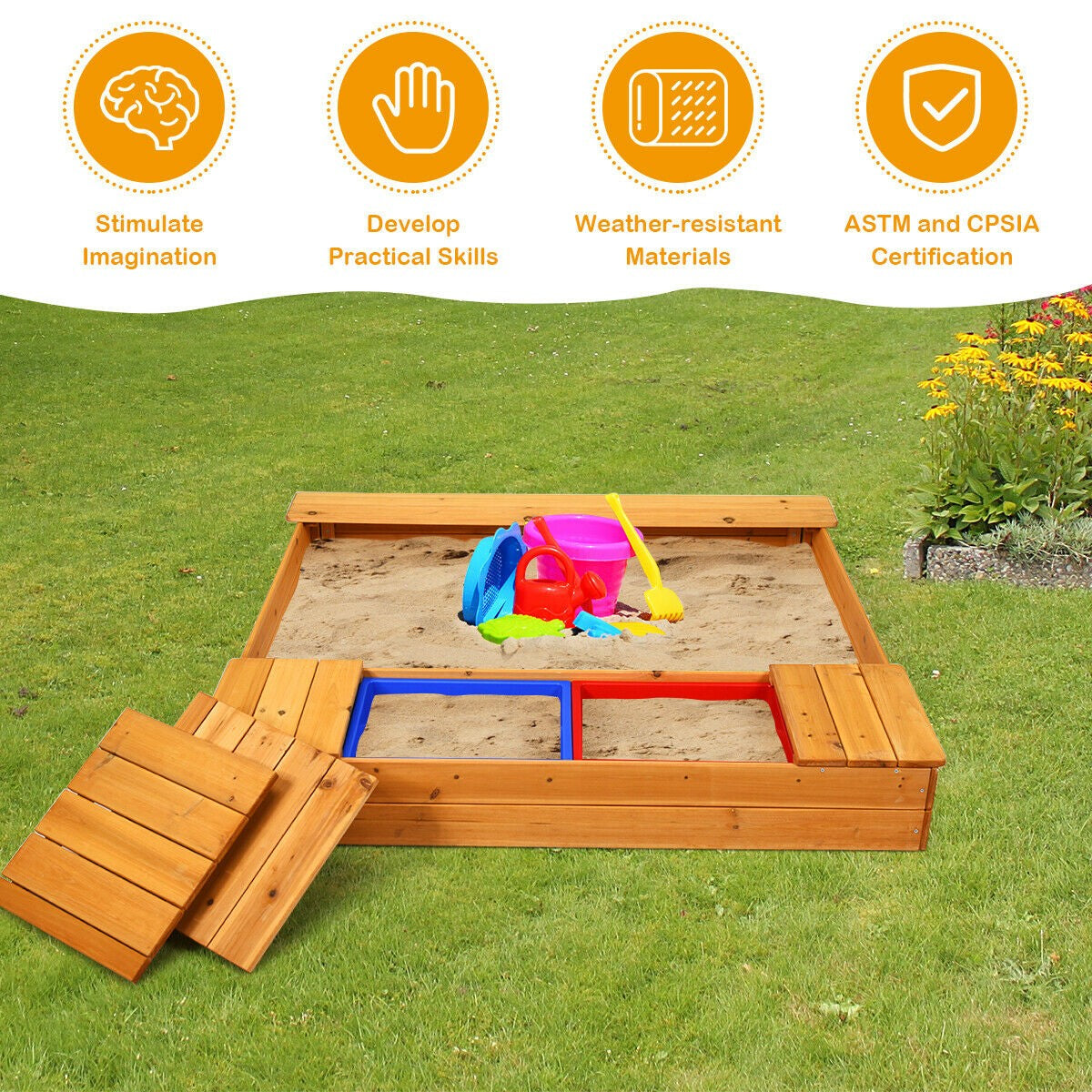 Kids Wooden Sandbox with Bench Seats & Storage Boxes